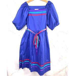 Vintage 70s Prairie Dress Kids Girls Sz 10 cottagecore Folk Blue Novelty Ribbon